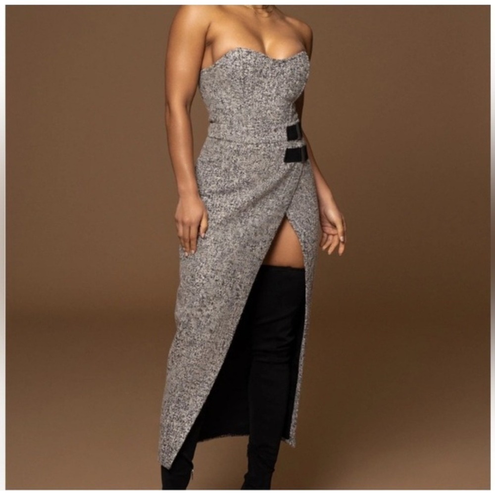 JLUXLABEL Womens Gisele Light Gray Tweed‎ Slit Skirt Sz S NWT